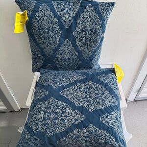 2pc Blue Velvet Embroidered Throw Pillows Down fill 425 South LA 18" square